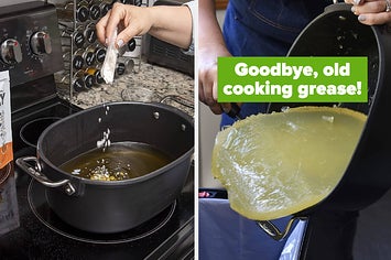 L: powder being sprinkled into a pot of leftover cooking grease R: the same grease now solidified and being dumped in the trash