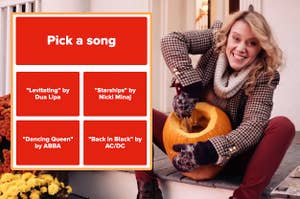 Kate McKinnon sitting on porch carving a pumpkin in an SNL sketch next to a screenshot of the question pick a song