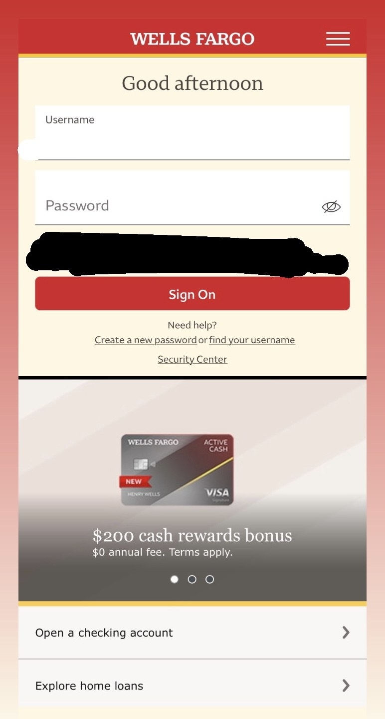 A screenshot of the Wells Fargo app