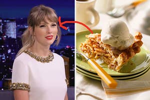 Taylor Swift wears a lightly colored dress with sparkles on it and a slice of apple pie with ice cream on top
