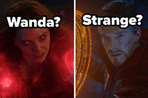 A close up of Wanda Maximoff with glowing eyes and Doctor Strange as he holds a magical shield 