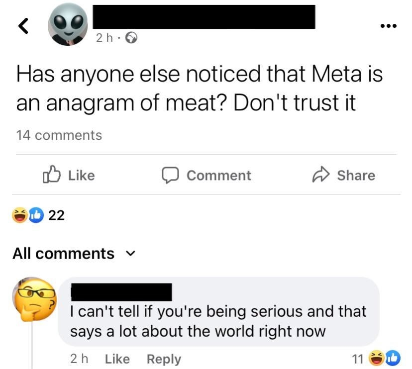 person saying meta is an anagram of meat so they don&#x27;t trust that