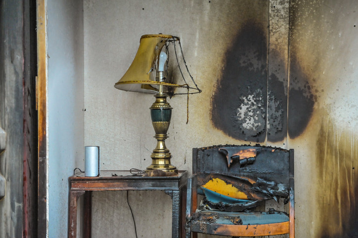 An empty burned chair next to a fried lamp and a burned wall behind it