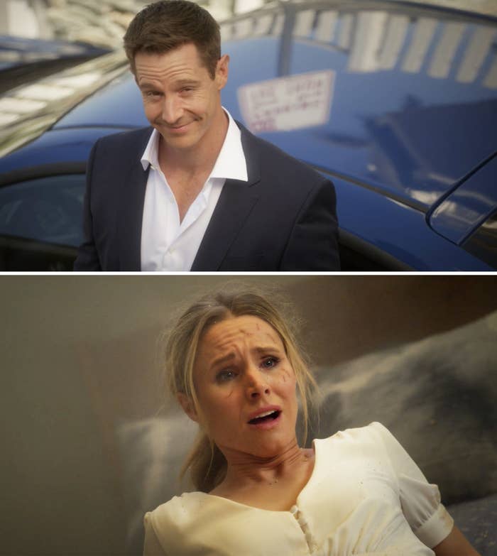 Logan smiling and Veronica looking stunned on a bed after an explosion