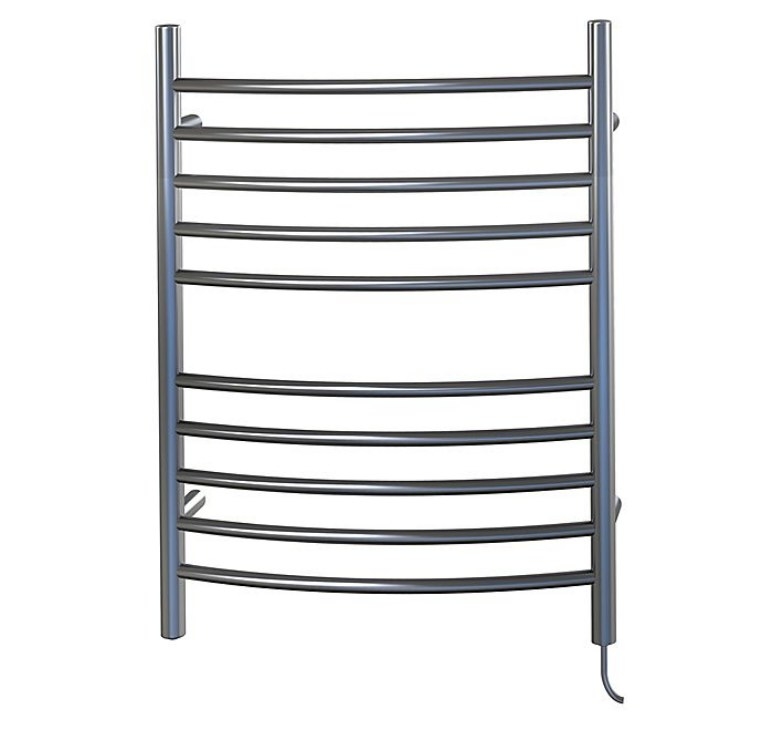 A brushed silver wall mounted towel warming rack