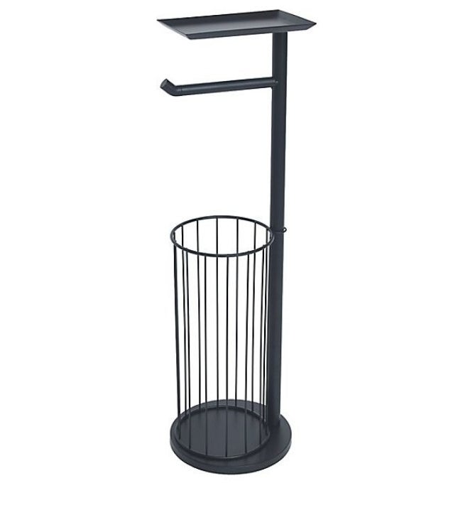 A matte black toilet paper stand with storage and a shelf