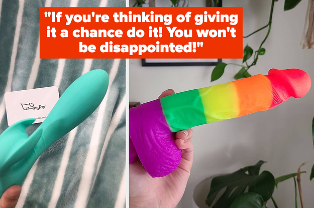 Reviewer holding teal rabbit vibrator and reviewer holding rainbow stripe dildo