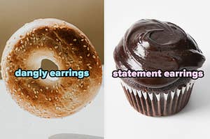On the left, a sesame bagel labeled dangly earrings, and on the right, a chocolate cupcake labeled statement earrings