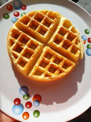 a reviewer's  finished waffle after using the maker