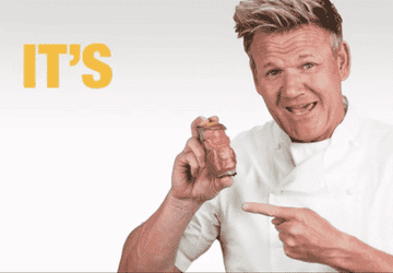 GIF of gordon ramsay pointing to a piece of food and saying &quot;it&#x27;s raw&quot;