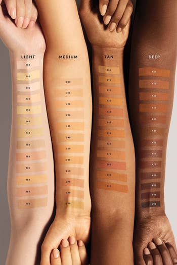 four models with shade swatches on their arms