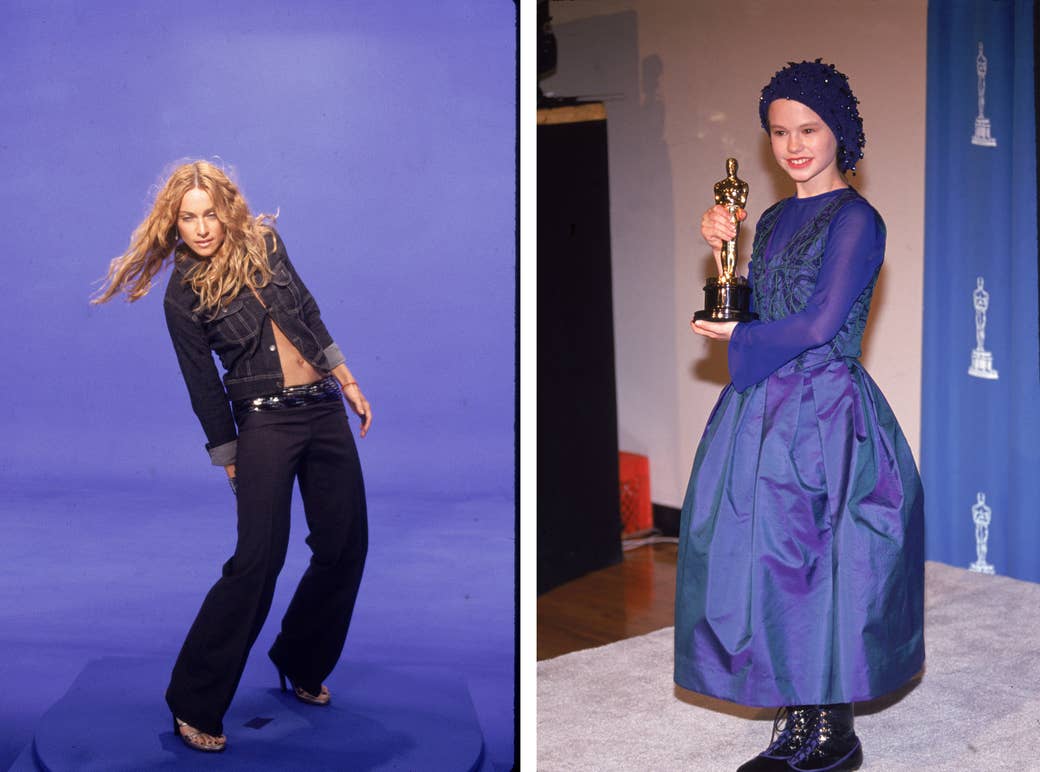 Madonna dances in front of a blue screen in 1998 and Anna Paquin poses with the 1993 Oscar she received for Best Supporting Actress