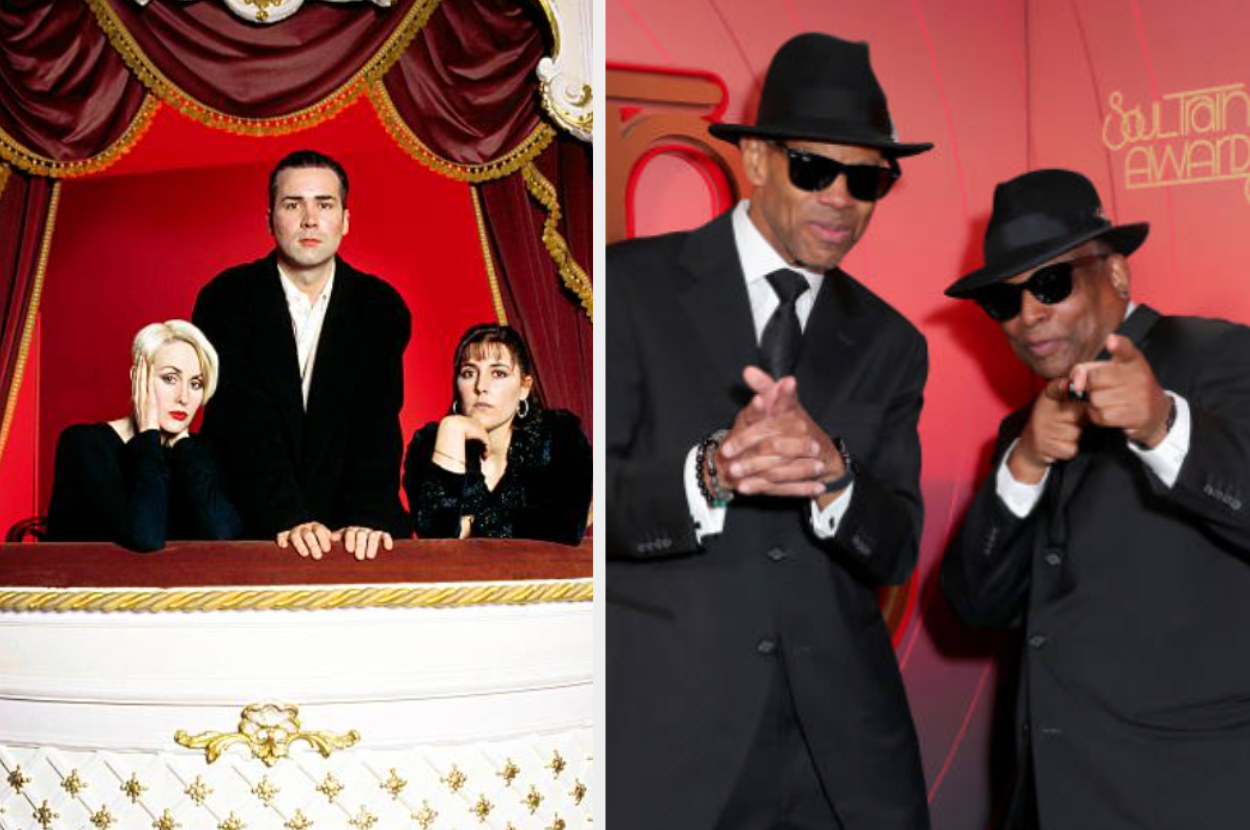 Left: The Human League photographed in a theater balcony setting, right: Jimmy Jam and Terry Lewis pose at the 2020 Soul Train Awards presented by BET