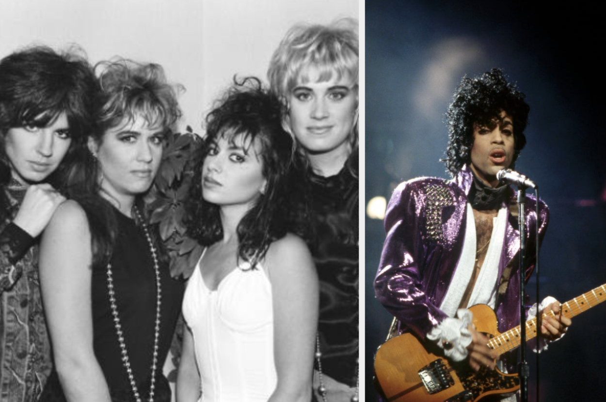 Left: The Bangles are shown during a Music Life magazine interview in Tokyo, Japan, in June 1986, Right: Prince performs onstage at the Joe Louis Arena in Detroit, Michigan for the 1984 Purple Rain Tour