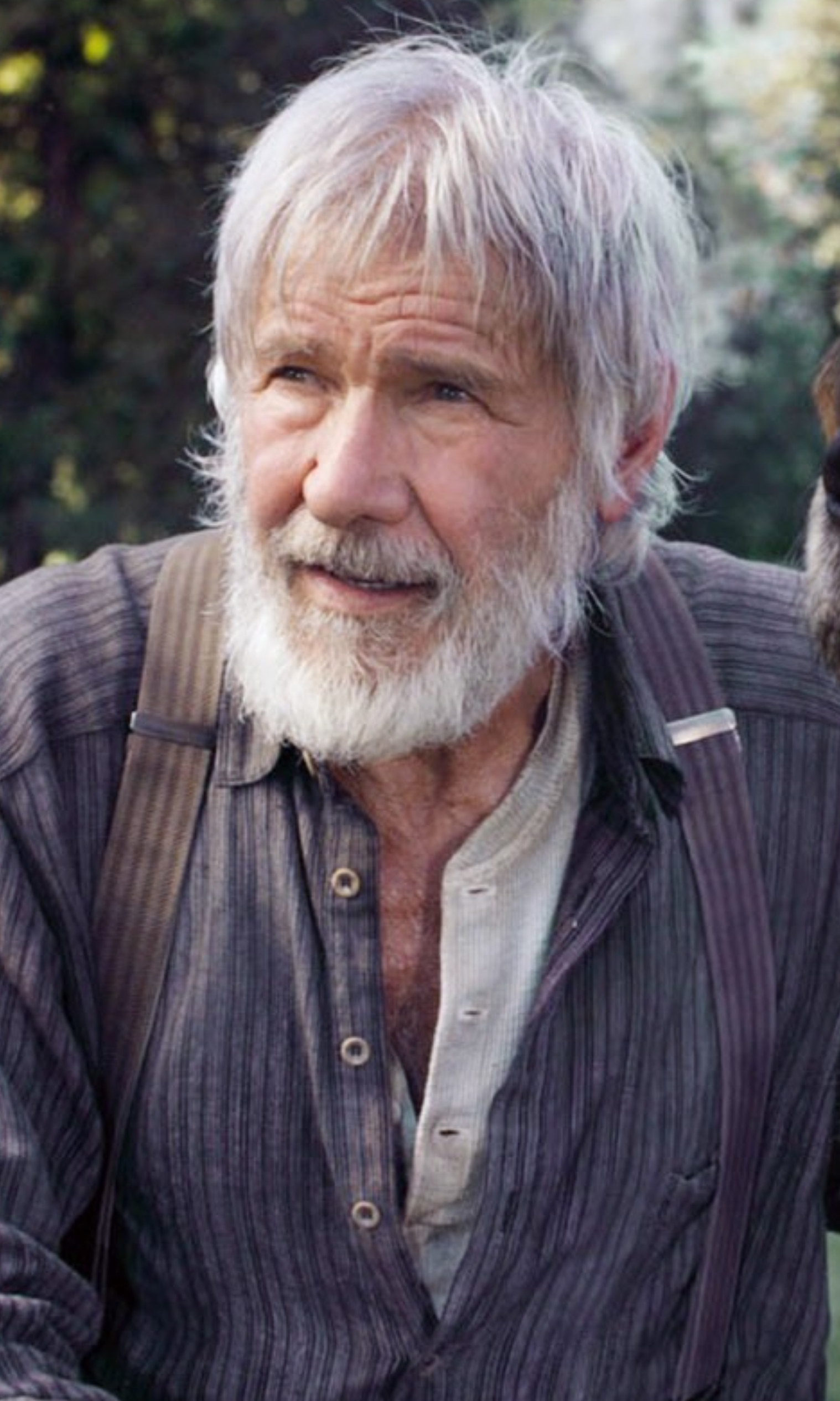 Ford wearing a worn-out shirt and grey beard