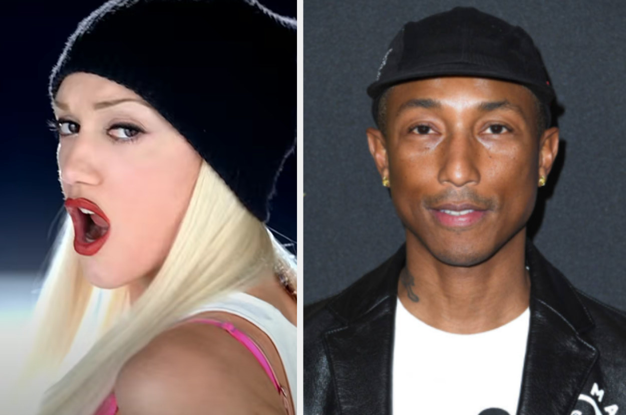 Left: Gwen Stefani poses in her music video for &quot;Hollaback Girl&quot;, Right: Pharrell Williams attends the 23rd Annual Hollywood Film Awards on November 03, 2019