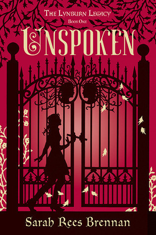 A shadow of a girl walking past an iron gate on a red book cover.
