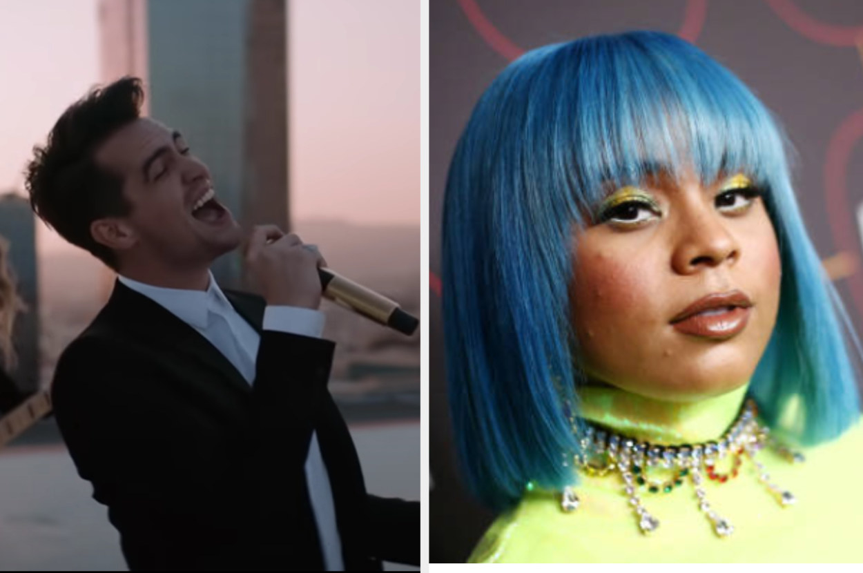 Left: Brendon Urie of Panic! At The Disco sings in the &quot;High Hopes&quot; music video, right: Tayla Parx poses at the Warner Music Group Pre-Grammy Party on January 23, 2020