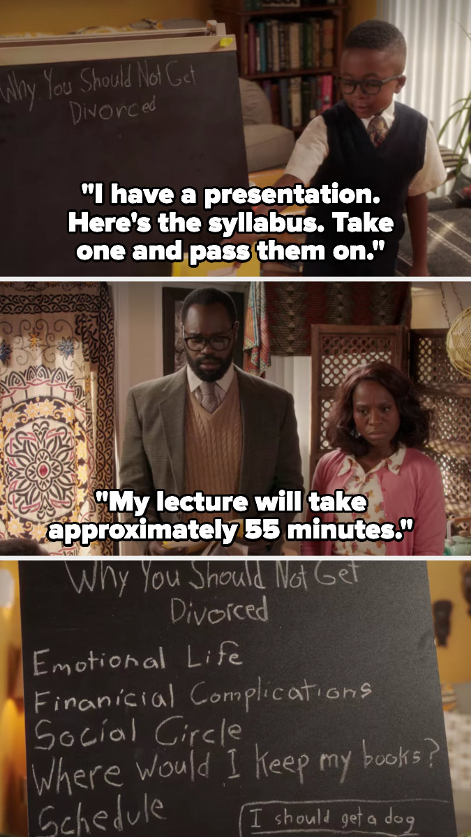 young chidi to his parents, in front of a blackboard that lists reasons &quot;why you should not get divorced&quot;: &quot;I have a presentation. Here&#x27;s the syllabus. Take one and pass them on. my lecture will take approximately 55 minutes&quot;