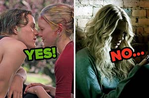 On the left, Patrick and Kat from 10 Things I Hate About you leaning in for a kiss labeled yes, and on the right, Taylor Swift crying in the White Horse music video labeled no