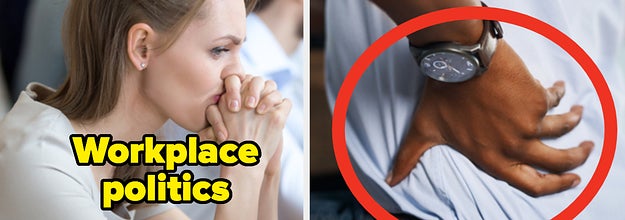 Office worker looking upset and the words "workplace politics" and a man holding his back