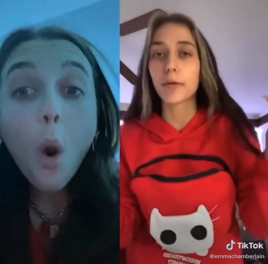 Split video of Emma duetting another Tik Tok