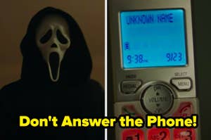 Ghosface in "Scream"/A phone with an unknown person calling in "Scream" (2022)