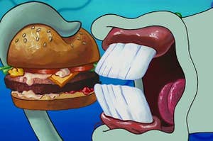 Squidward eating a Krabby Patty