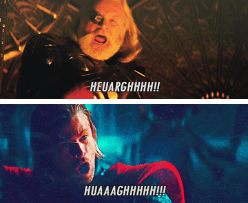Anthony Hopkins yelling as Odin while Chris Hemsworth yells as Thor