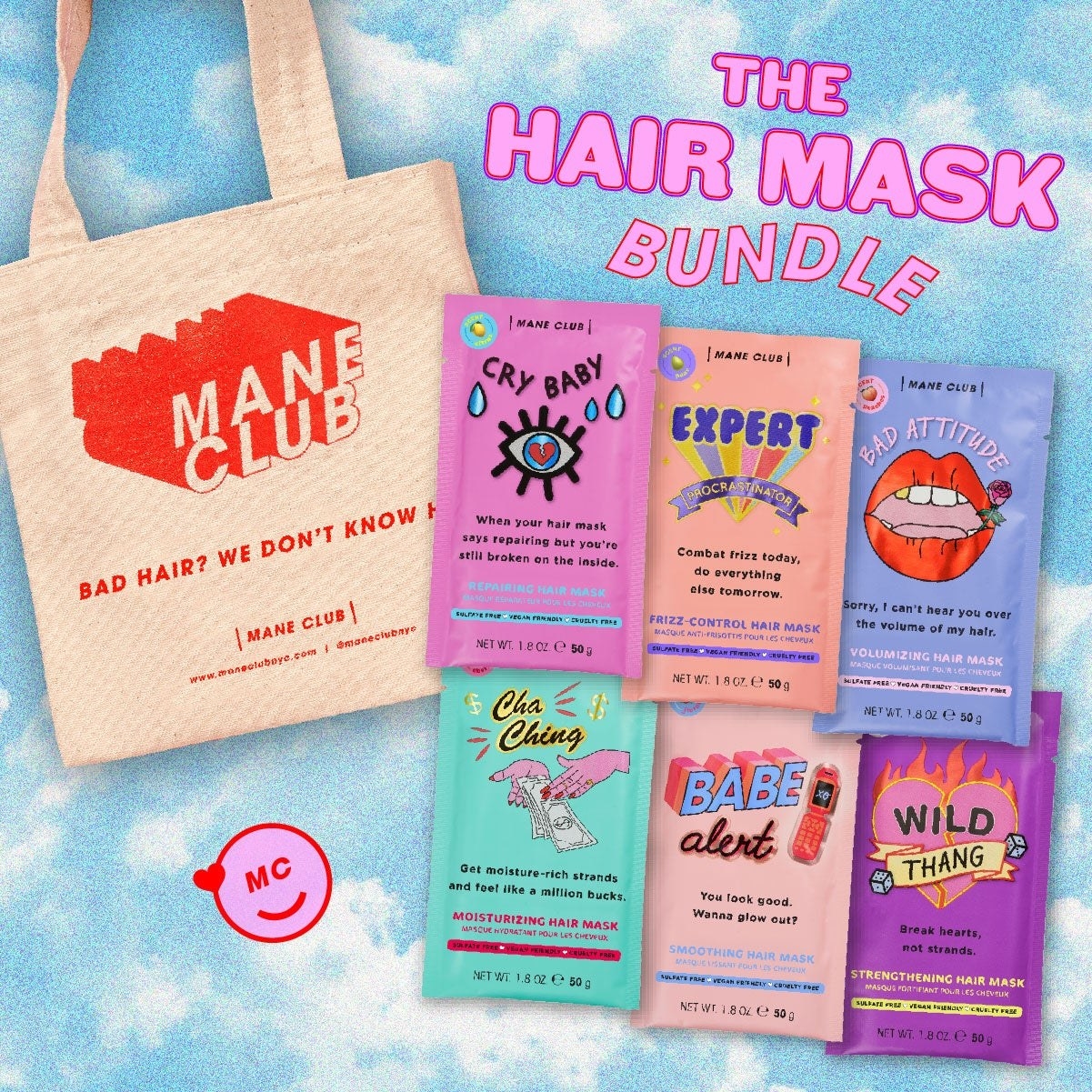 a colorful set of six different hair masks with a tote bag