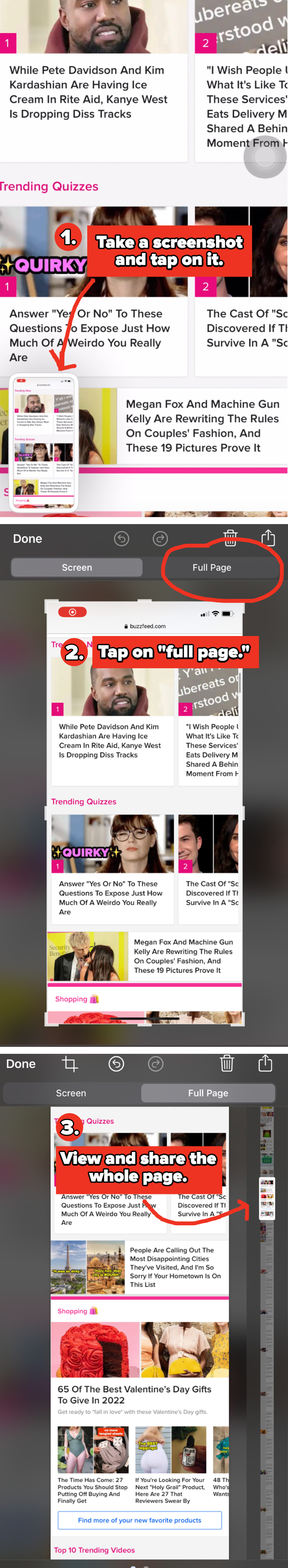 A tutorial to take a screenshot, tap on it, press &quot;full page&quot; in the top right, then view the full page screenshot