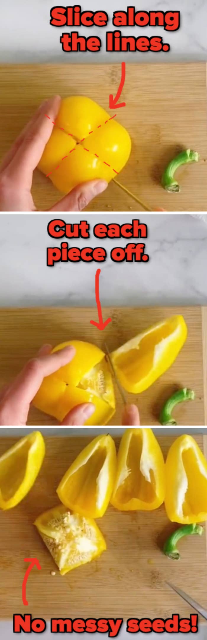 Slicing along the indented lines in a bell pepper, then cutting off those pieces and leaving the seeds in the center