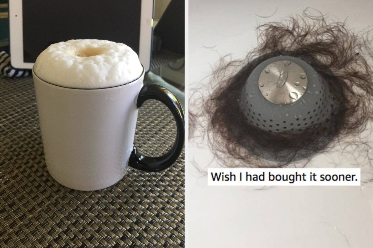 Coffee cup with foam topping and reviewer's drain cover with collected hair