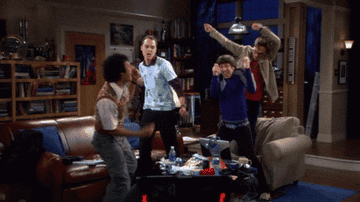 Leonard, Sheldon, Raj and Howard jumping about