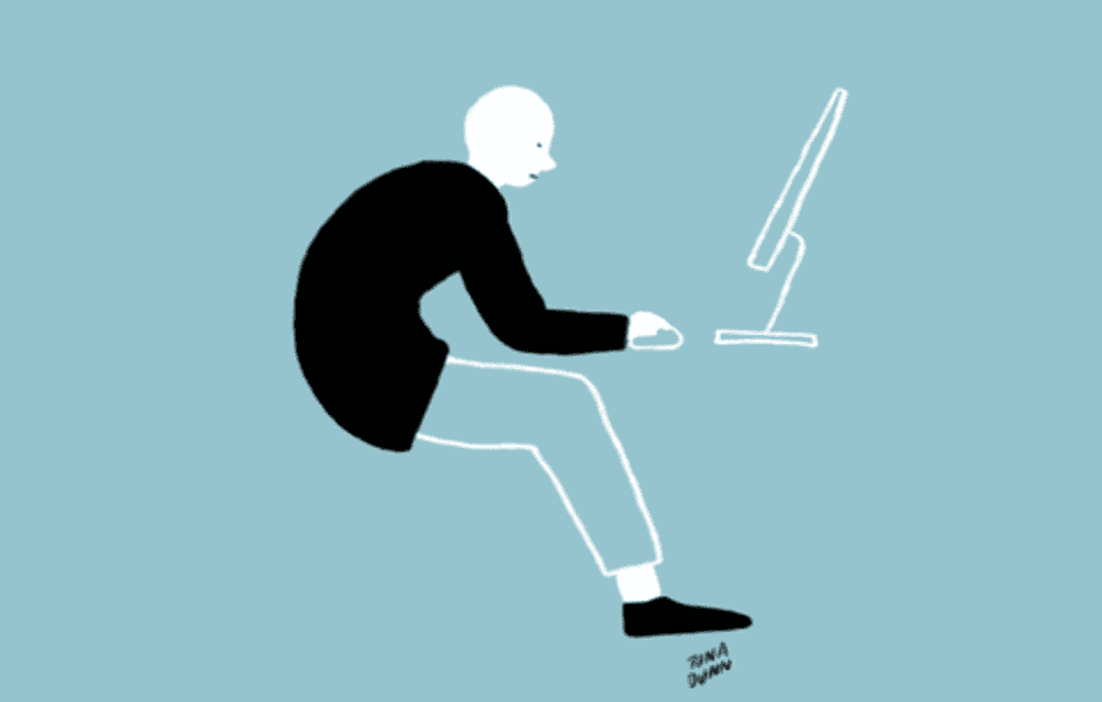 Animation of a large finger adjusting the slouching posture of a figure at a computer