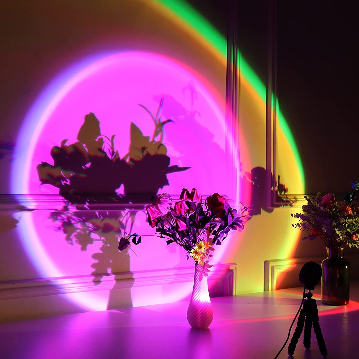 The sunset light projecting a circle of light on a vase of flowers