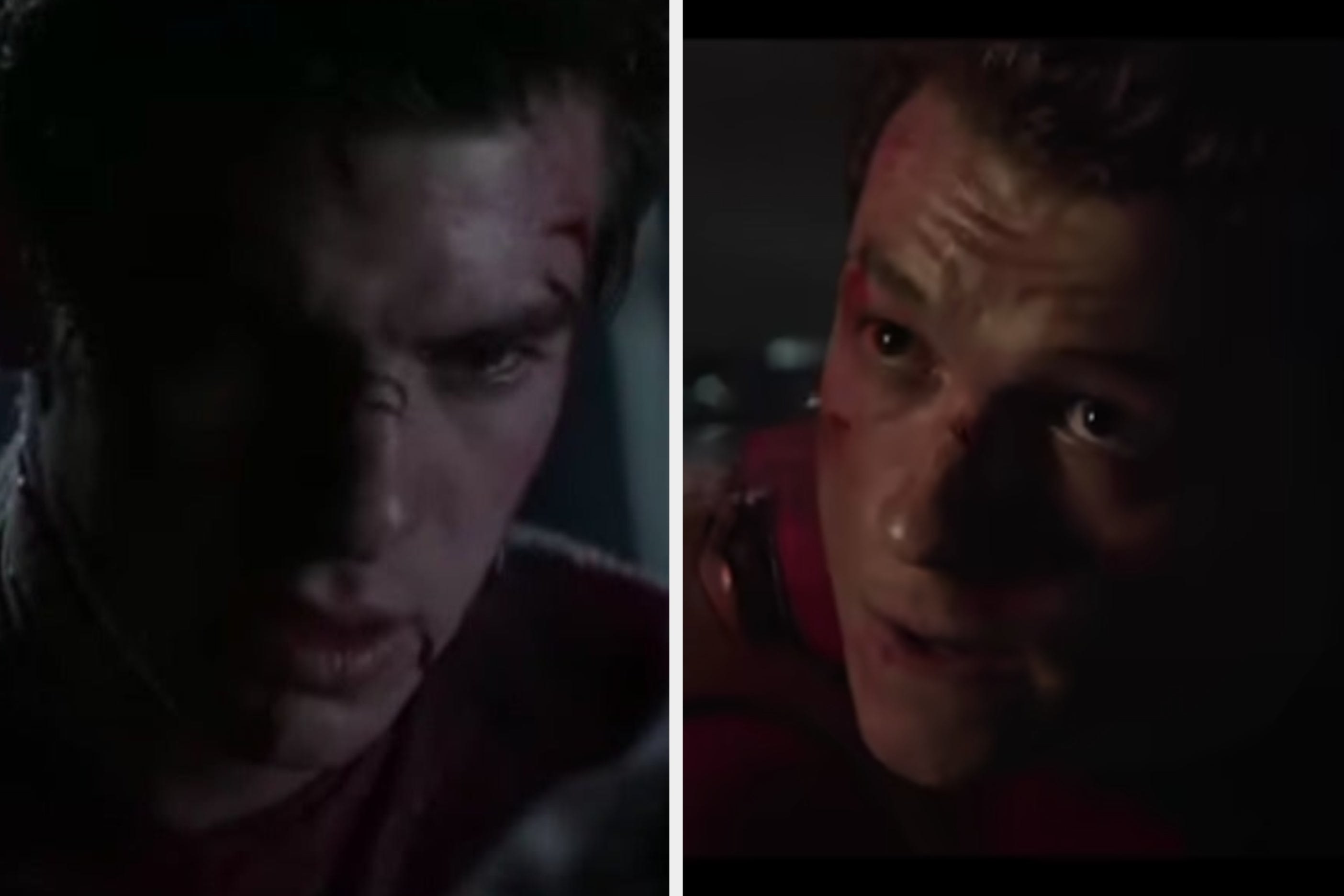 Peter with cuts on his face in &quot;The Amazing Spider-Man&quot;/Peter with blood on his face in &quot;Spider-Man: No Way Home&quot;