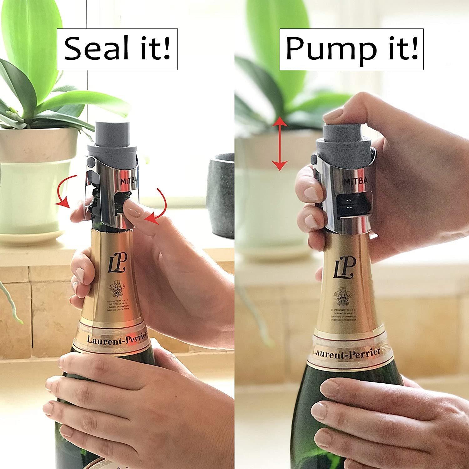 Model twisting and pumping a black lid onto a bottle of sparkling wine