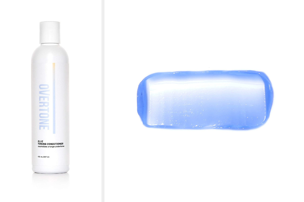 White and blue bottle of hair toning conditioner that reads &quot;Overtone&quot; next to blue formula