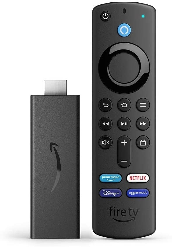 A Fire TV Stick and remote on a plain background