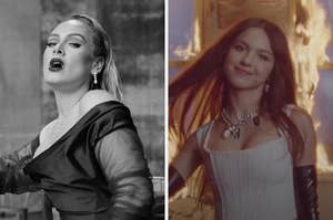 On the left, Adele in the Oh My God music video, and on the right, Olivia Rodrigo in the Good 4 U music video