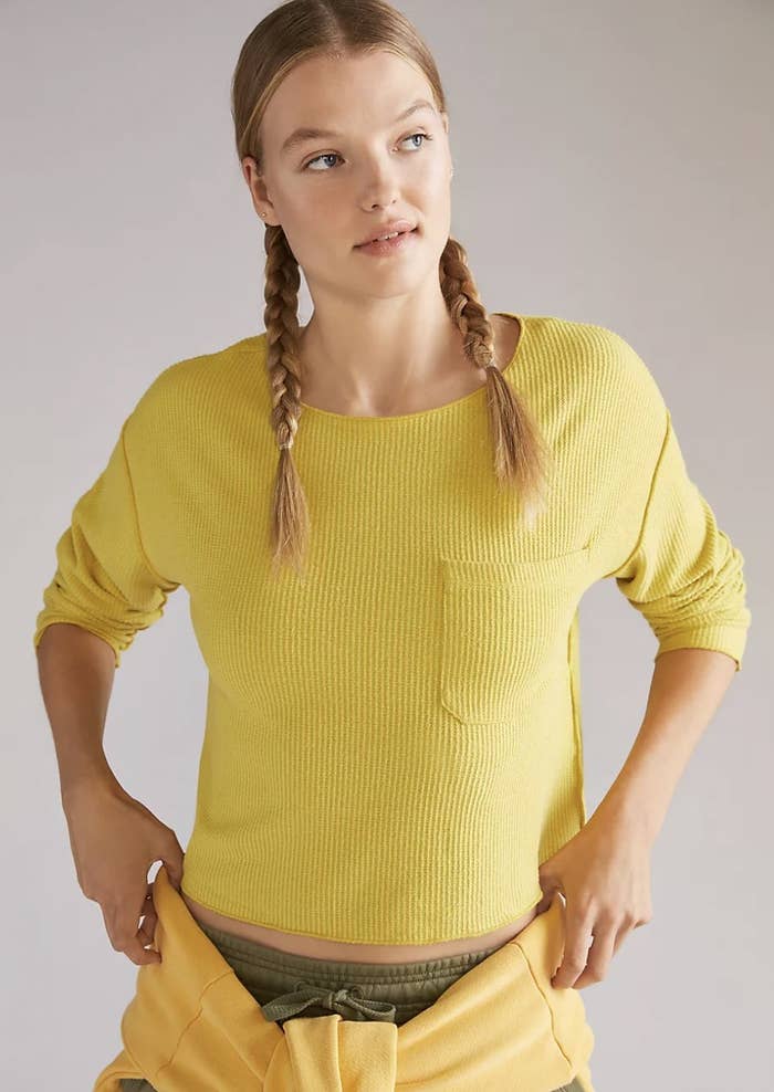 the waffle top in yellow. this top has a breast pocket