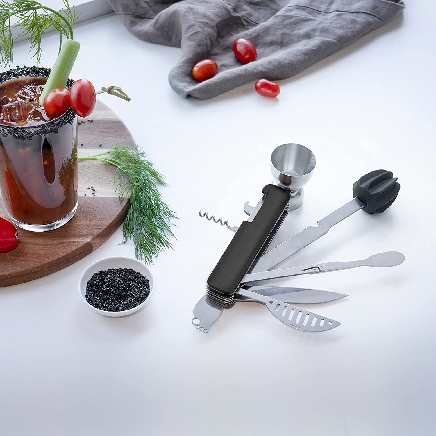 The black and stainless steel swiss army knife style tool