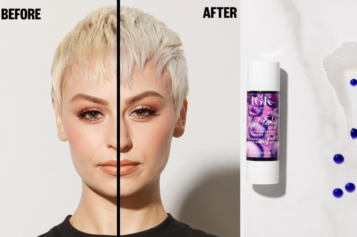 Before and after of model using hair toning drops next to white and purple floral bottle and dark purple drops