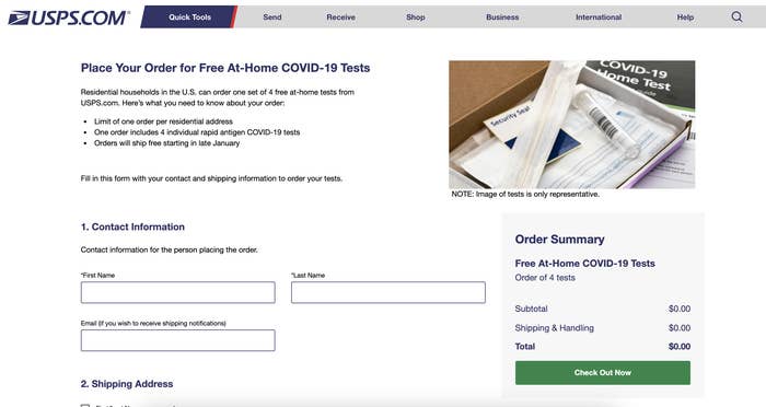 The United States Postal Service webpage where you can order a COVID test