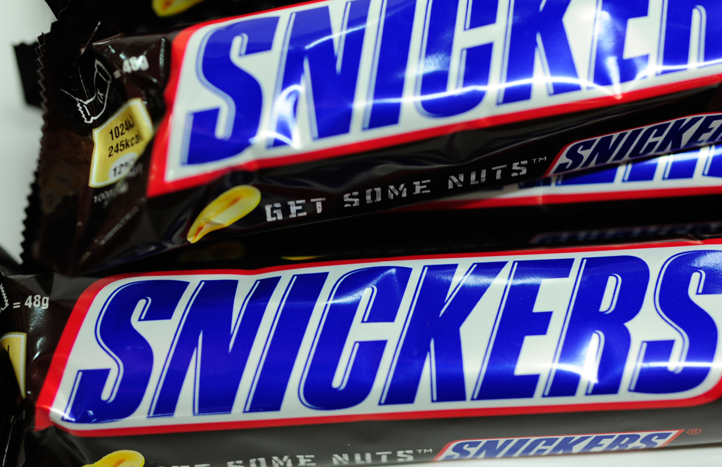 An up-close shot of multiple Snickers bars