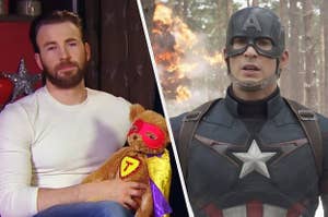 Two pictures of Chris Evans. One ios in casual clothes, holding a superhero teddy bear and the other is him as the character Captain America. 