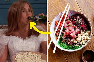 Rachel Green sits on the couch drinking a beer and an overhead shot of a Poke bowl