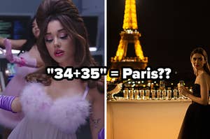 Ariana Grande wears a fur lined sheer night gown and Emily Cooper stands in front of the Eiffel Tower