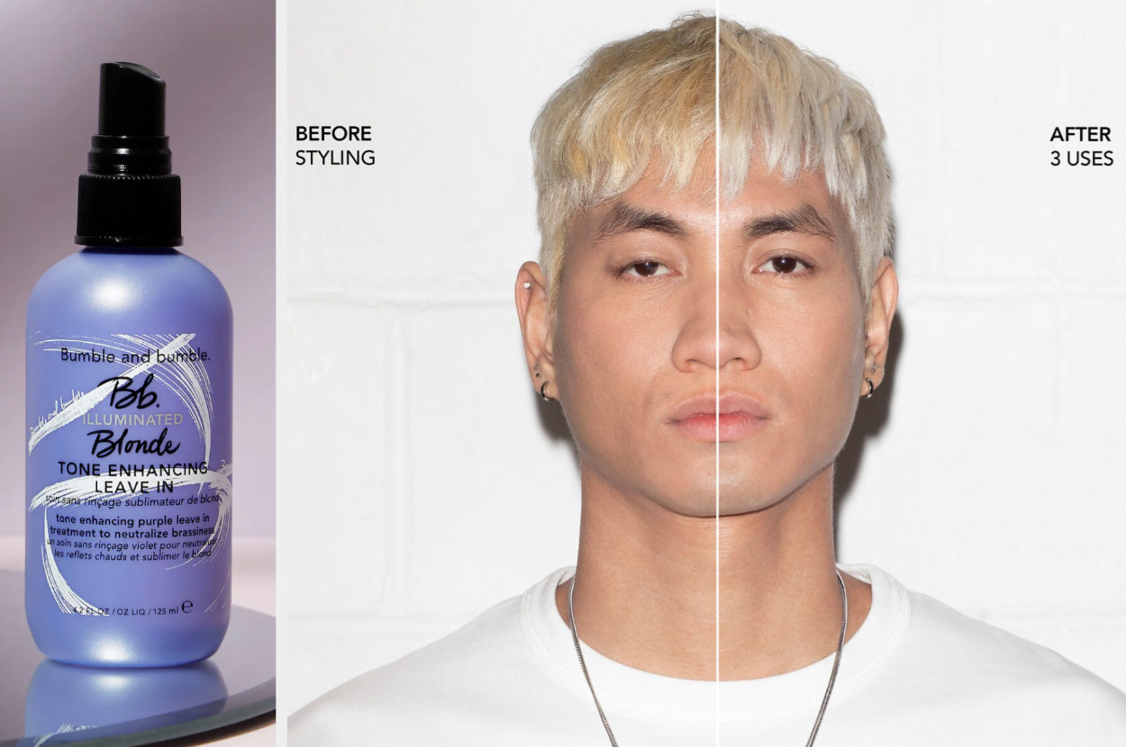 Purple and black toning spray bottle on top of mirror next to before and after of model&#x27;s blonde hair after use